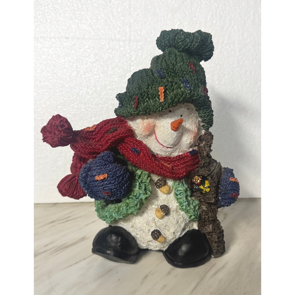 Vintage Resin Snowman Figurine Knit Texture Red Scarf Green Hat 7.5 Inch Holiday